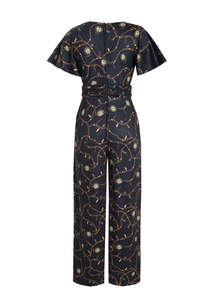 Back View of Pocket Watch  Print Jumpsuit in Black