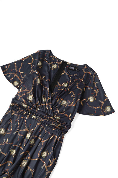Close up View of Pocket Watch Print Jumpsuit in Black