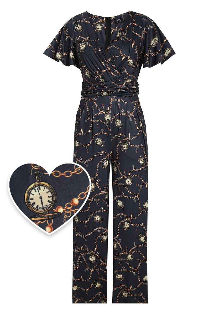 Front View of Pocket Watch Print Jumpsuit in Black