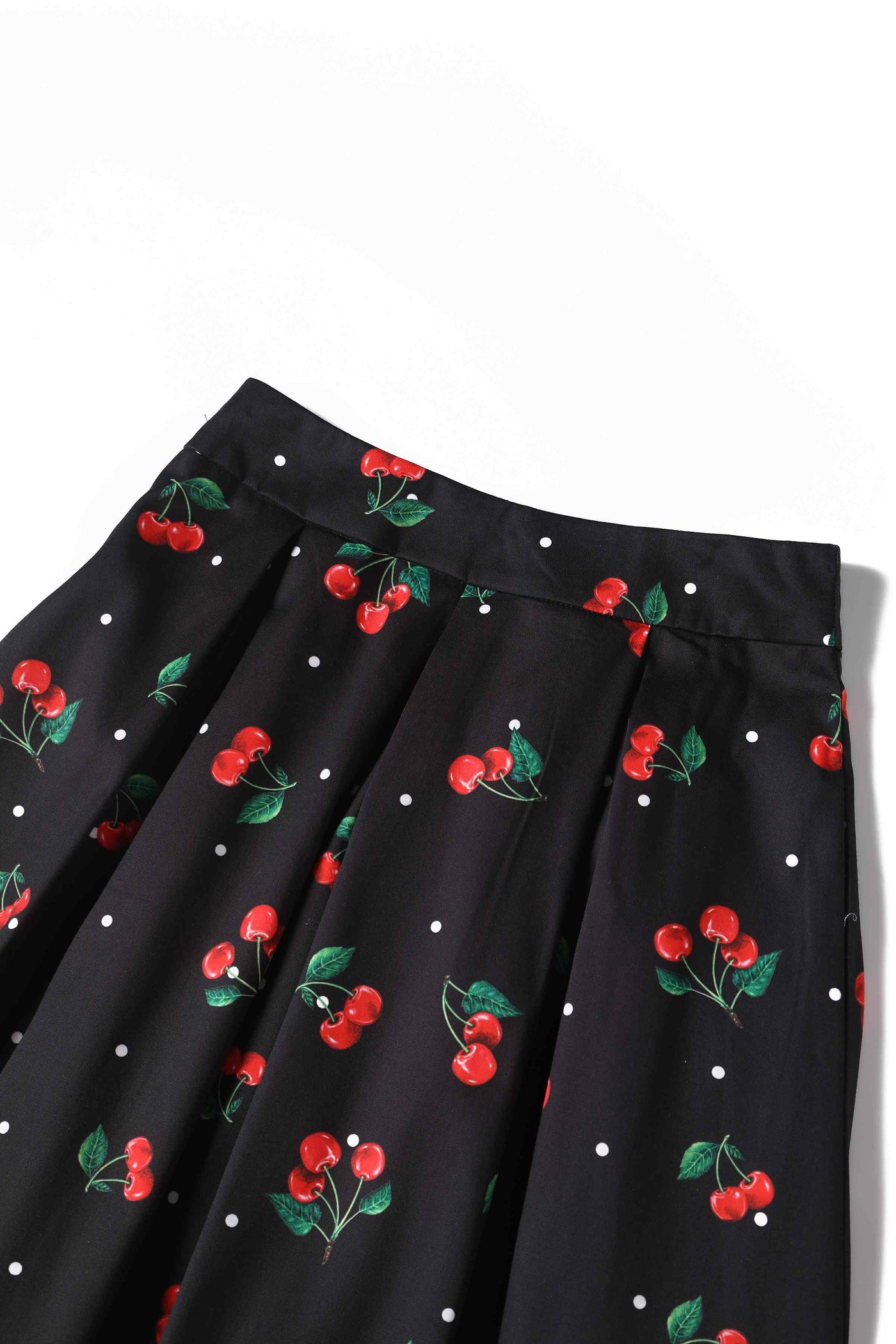 Close up view of Polka Dot Cherry Black Flared Skirt