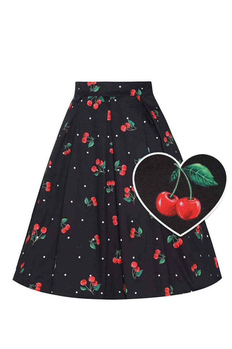 Front view of Polka Dot Cherry Black Flared Skirt