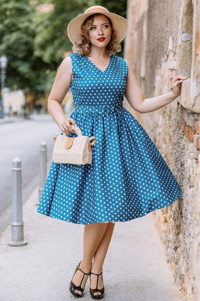 Blue polka dot swing dress best sale