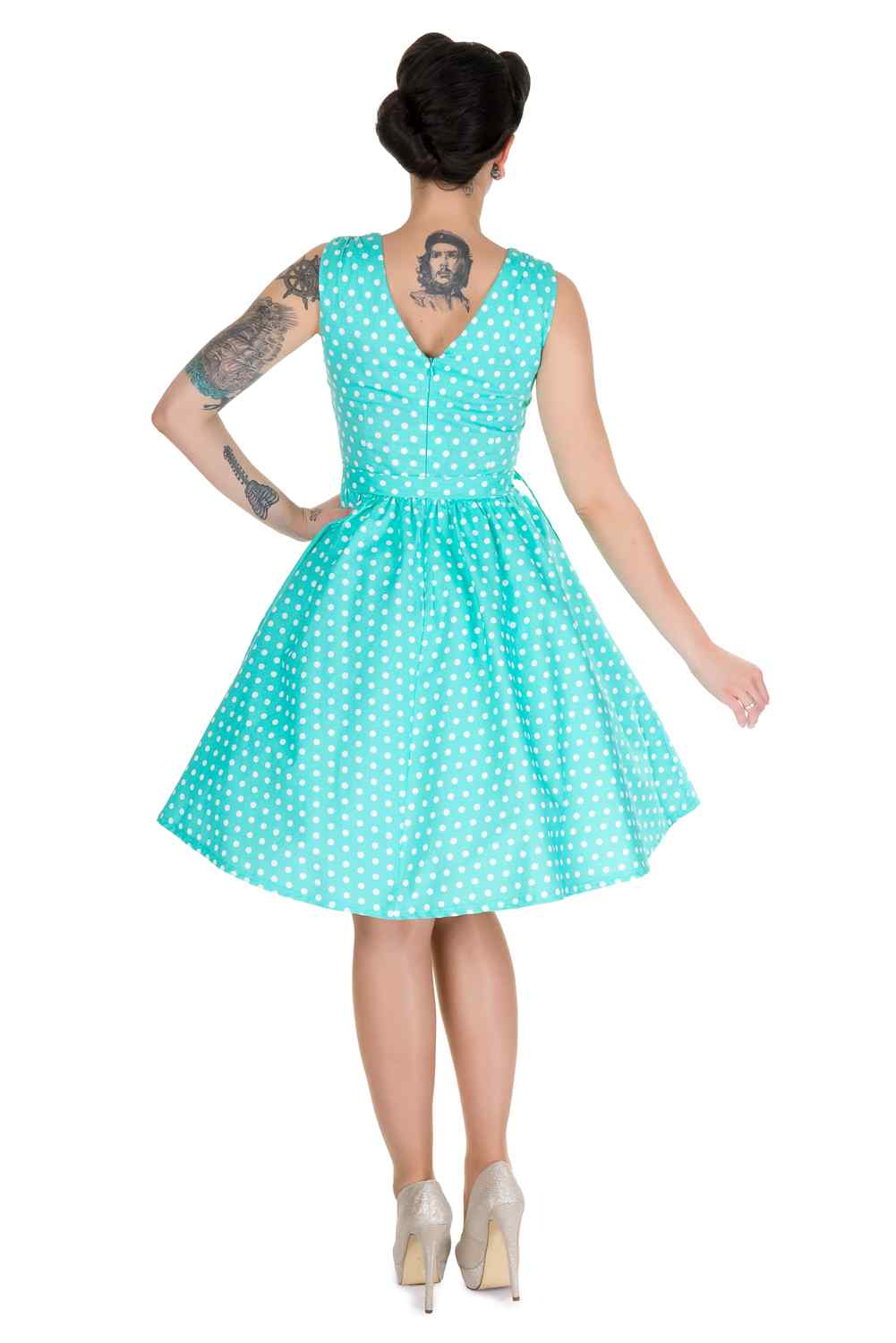 Back view of Polka Dot Swing Dress in Aqua Blue