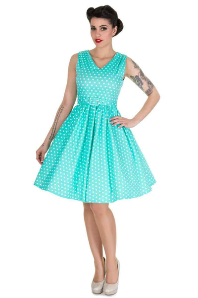 Front view of Polka Dot Swing Dress in Aqua Blue