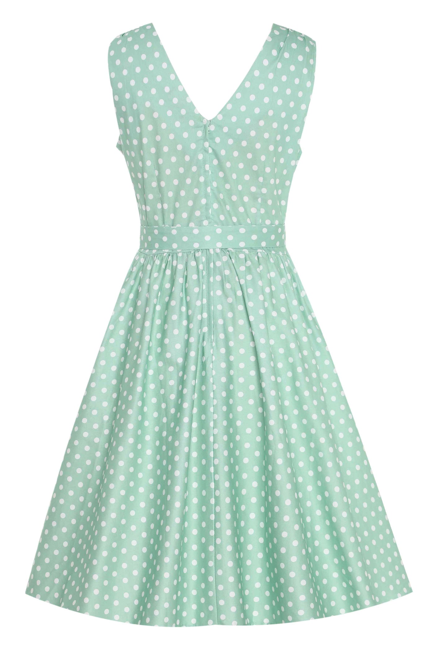 Back view of Polka Dot Swing Dress in Mint Green