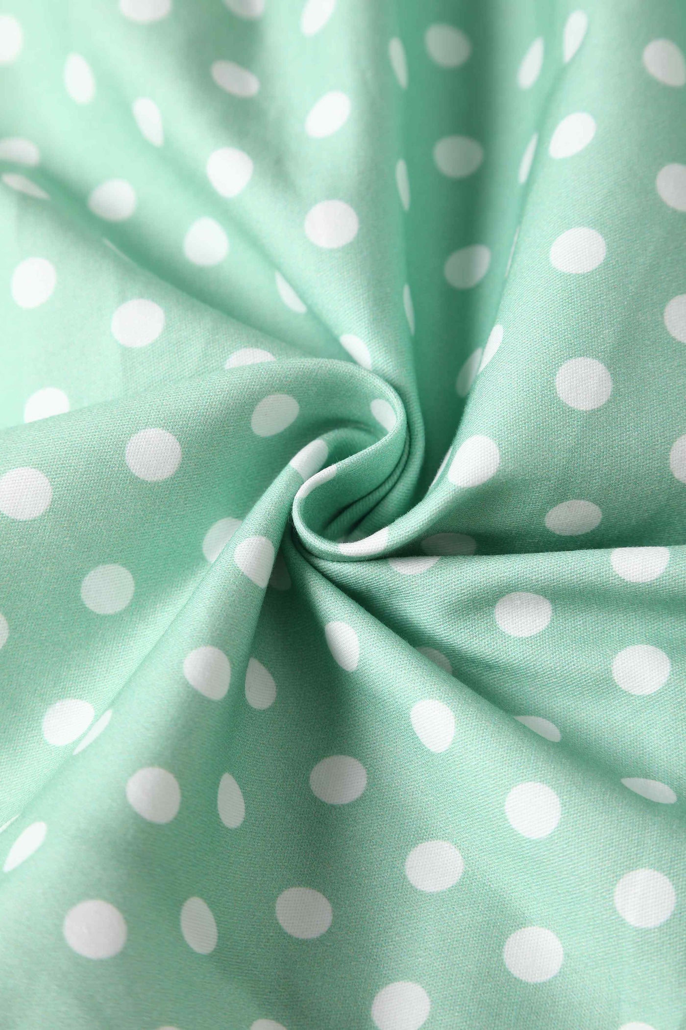 Close up view of Polka Dot Swing Dress in Mint Green