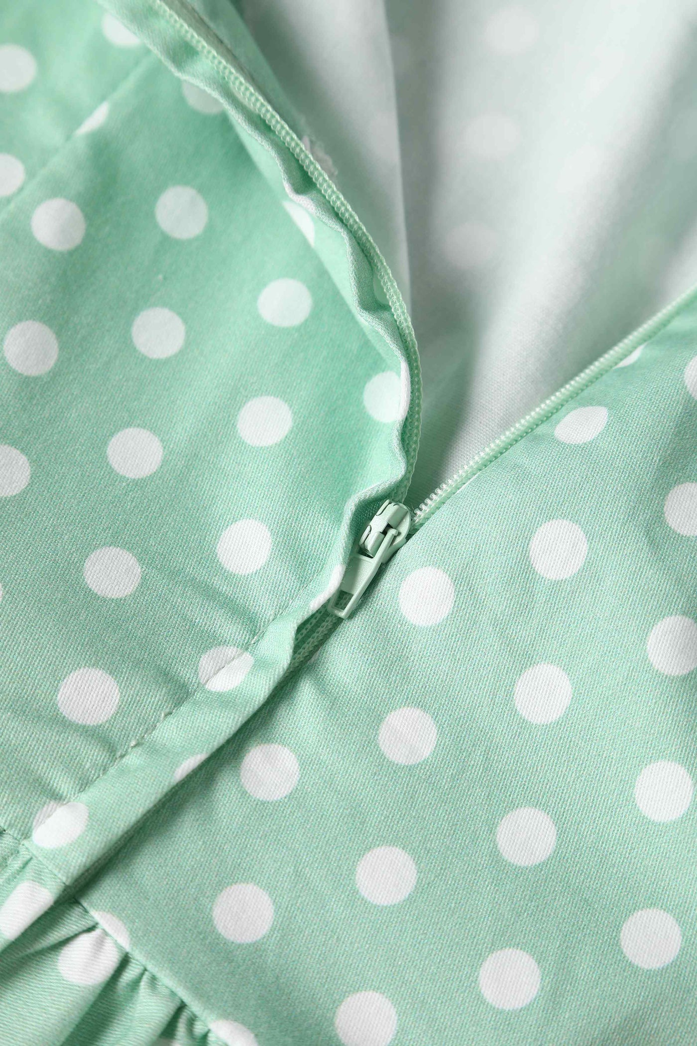 Close up view of Polka Dot Swing Dress in Mint Green