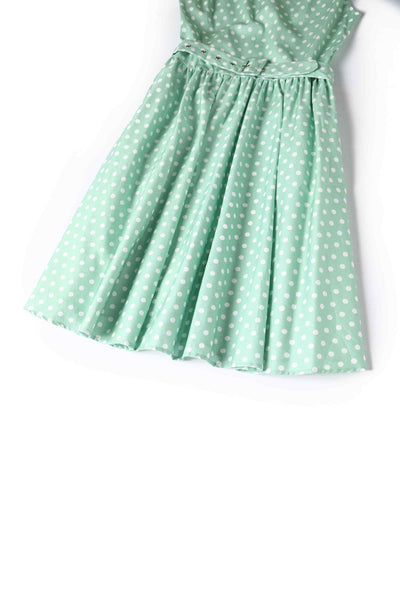 Close up view of Polka Dot Swing Dress in Mint Green