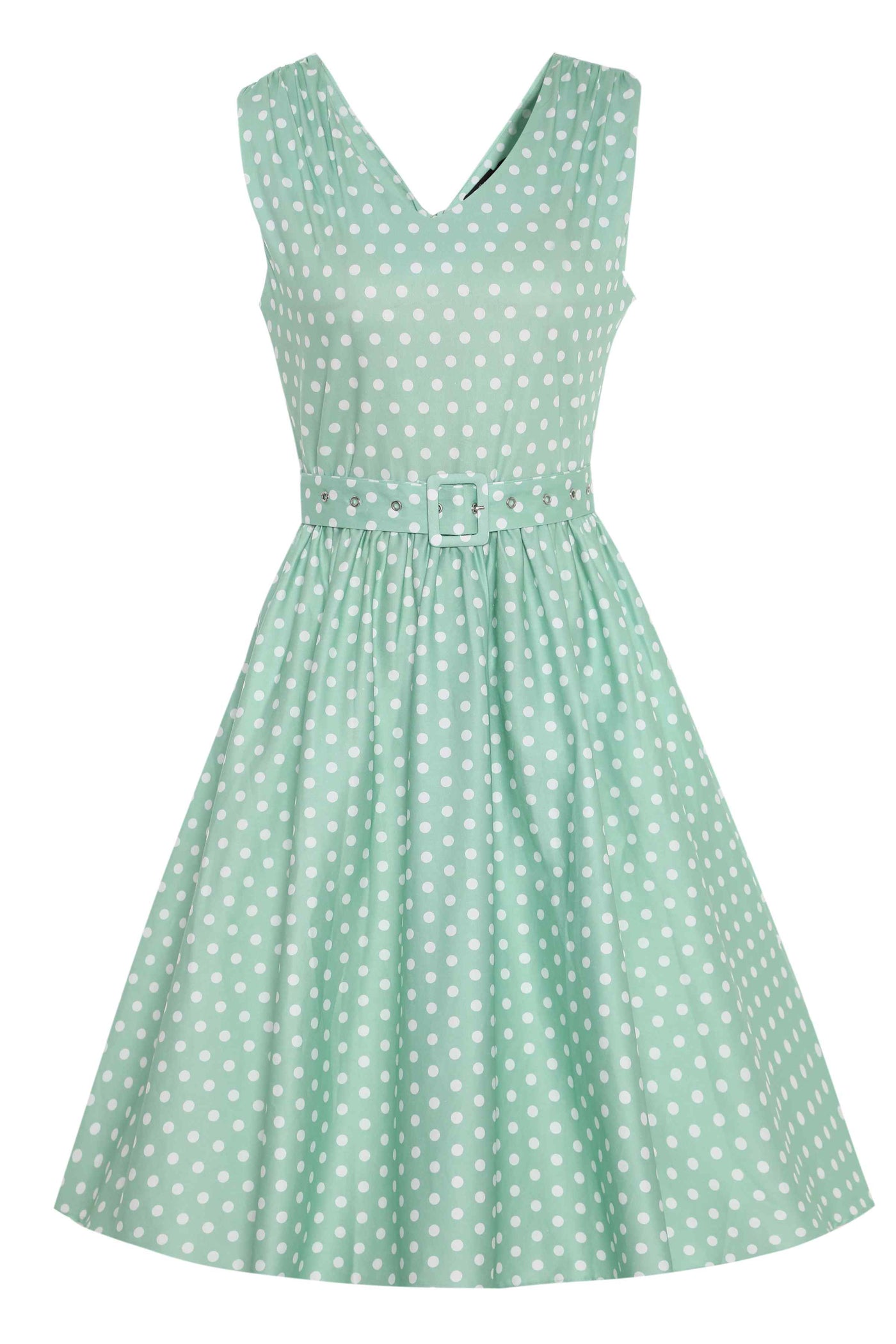 Front view of Polka Dot Swing Dress in Mint Green