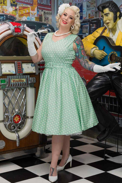 Model wearing a Polka Dot Swing Dress in Mint Green