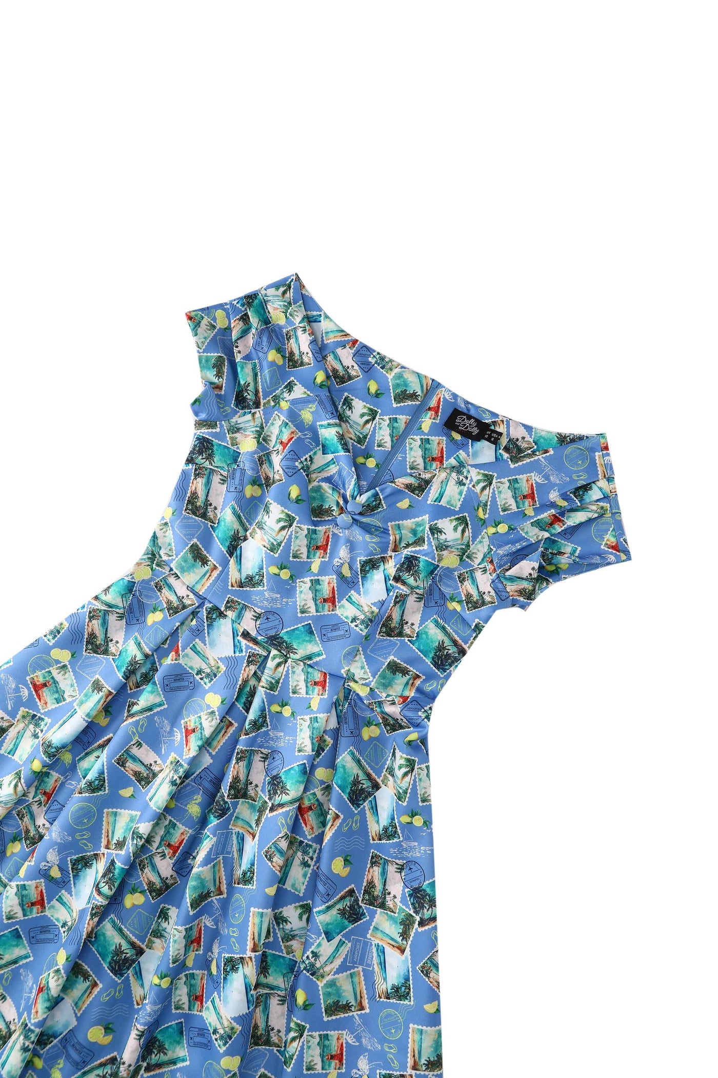 Close up view of Postage Stamp Off Shoulder Dress In Blue