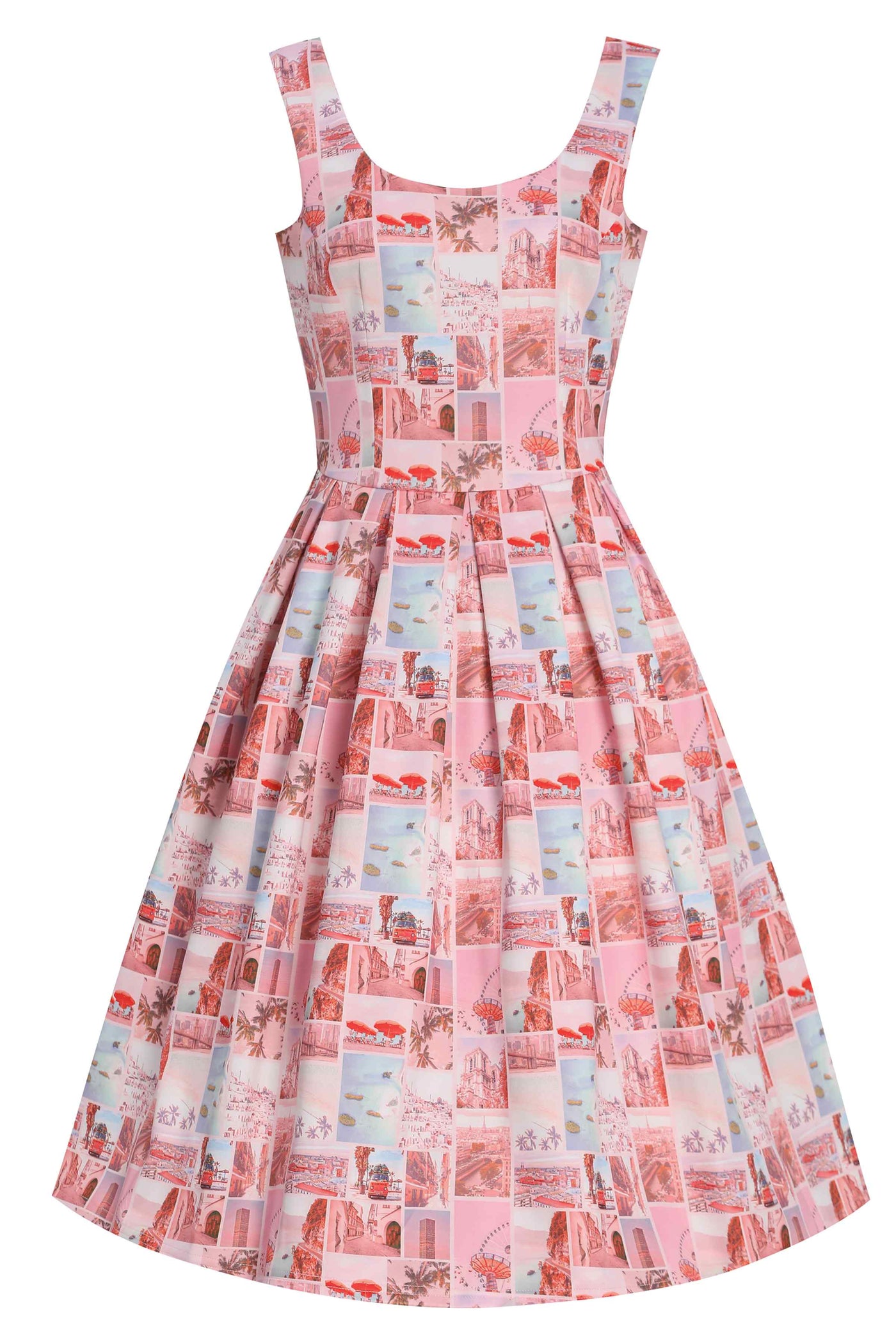 Front view of Postcard Print Swing Dress