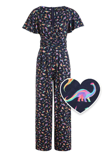 Front View of Prehistorical Dinosaurs and Rainbow Black Jumpsuit