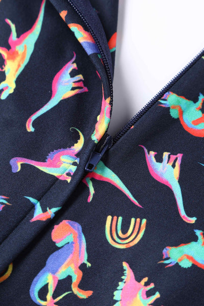 Close up View of Prehistorical Dinosaurs and Rainbow Black Jumpsuit