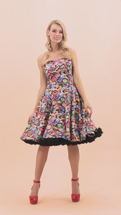 Video of a model wearing our Melissa 1950s Strapless Dress in Comic Pop Art Print.