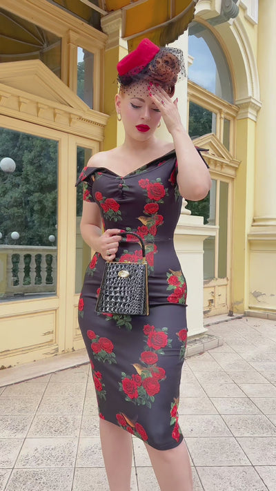 Monroe Black Rose & Bird Pencil Dress