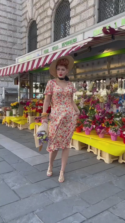 Short Sleeve Tea Dress in Orange Floral Print