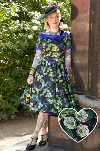 Darlene Off-Shoulder Dress in Black/Purple Berry Leaf Print