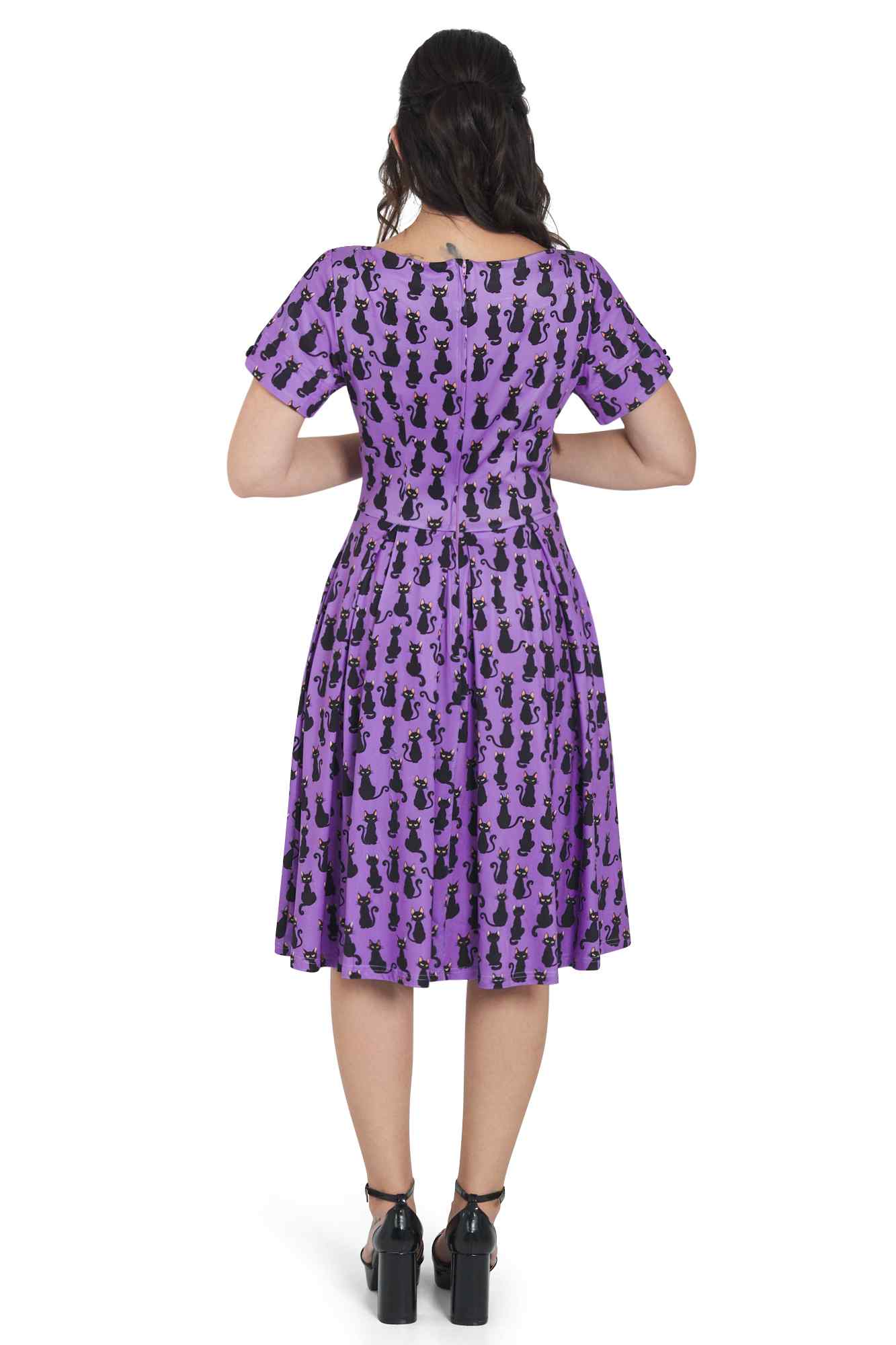 Model wearing Purple Black Cat Flared Dress