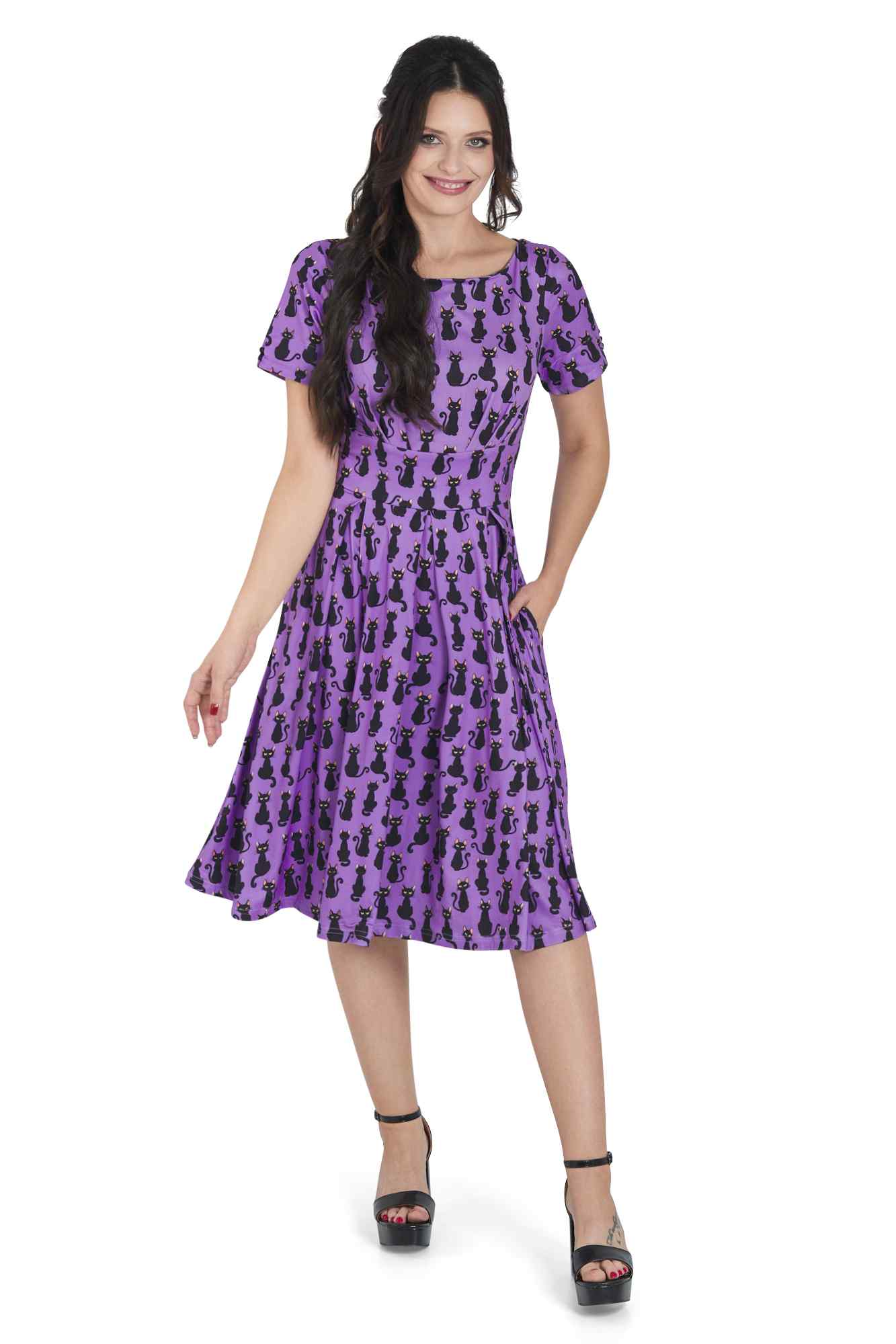 Model wearing Purple Black Cat Flared Dress