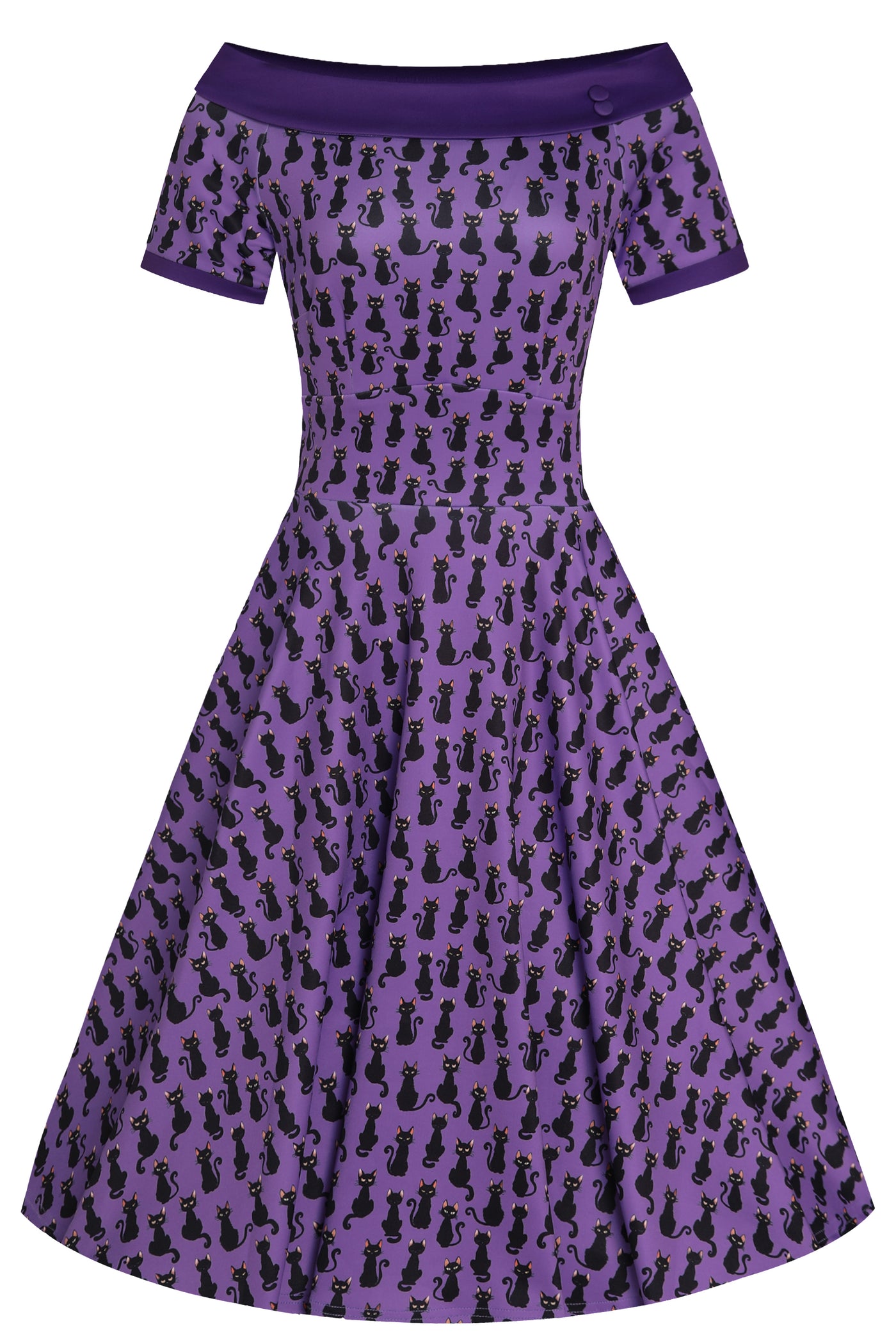 Front view of  Purple Black Cat Swing Dress