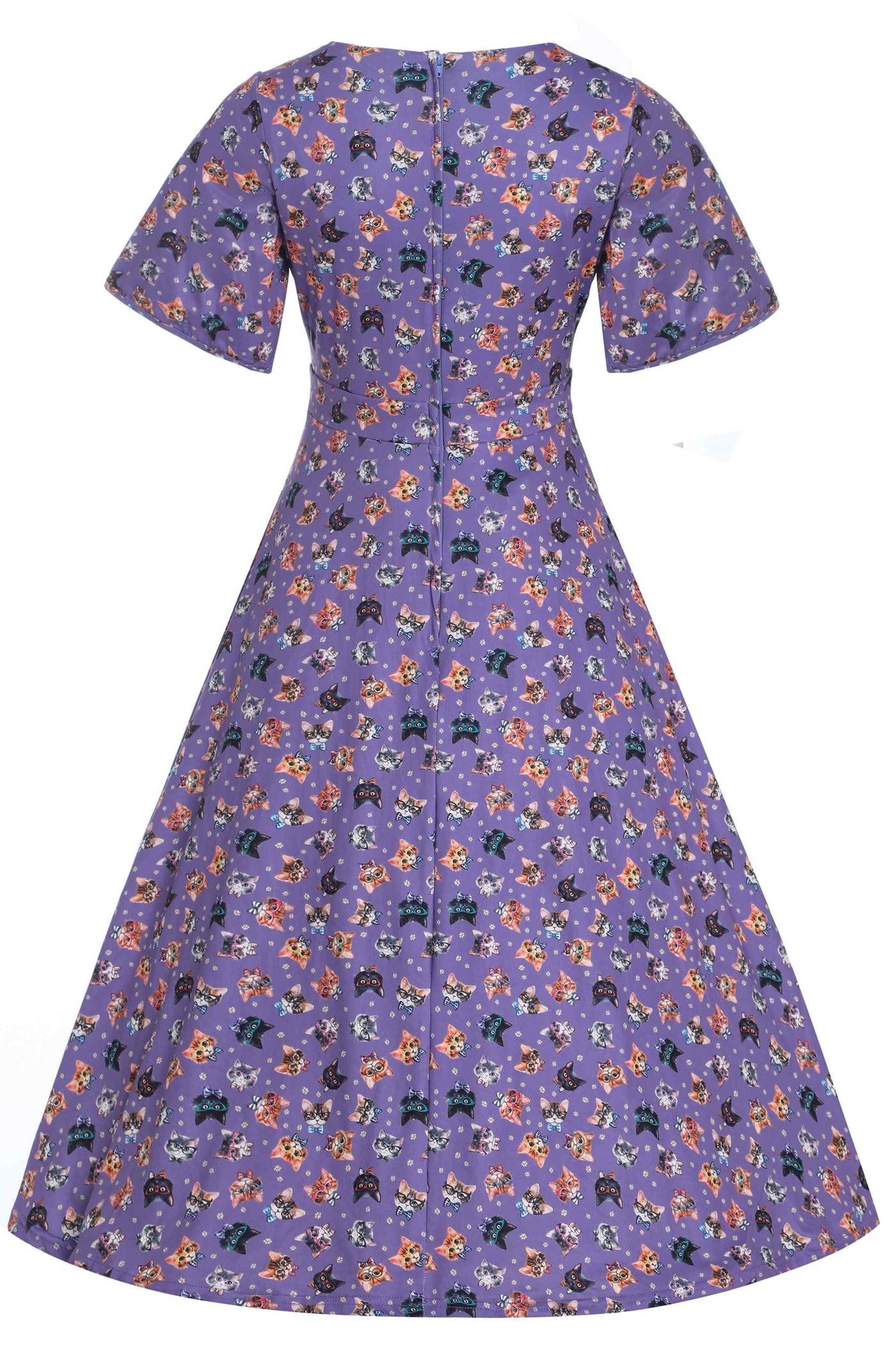 Back view Purple Nerdy Cat Tea Dress