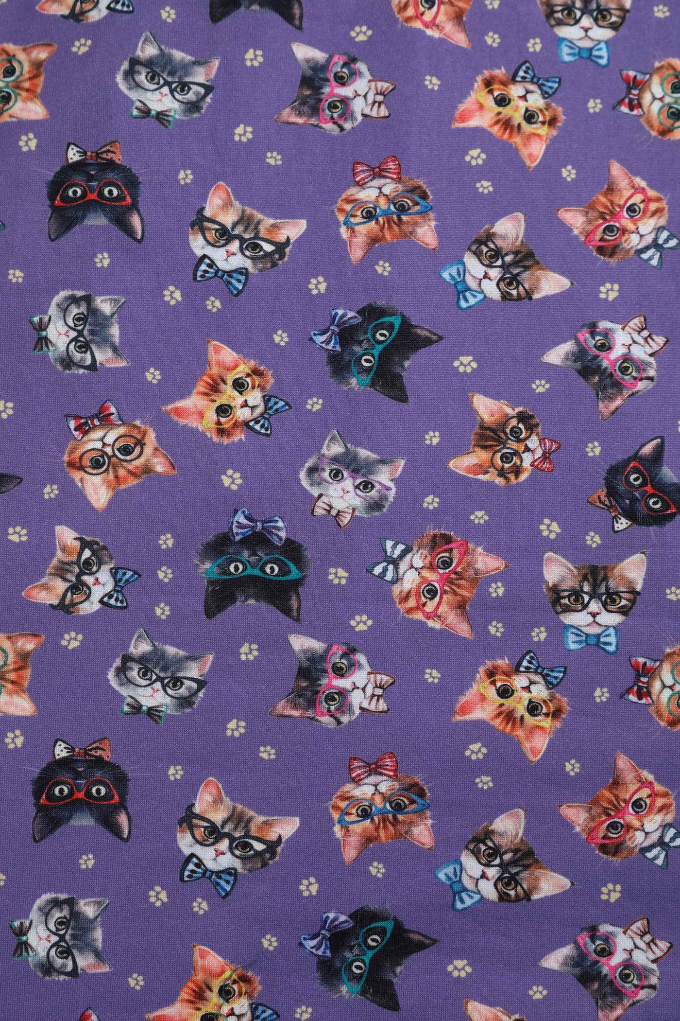 Close up view of Purple Nerdy Cat Tea Dress