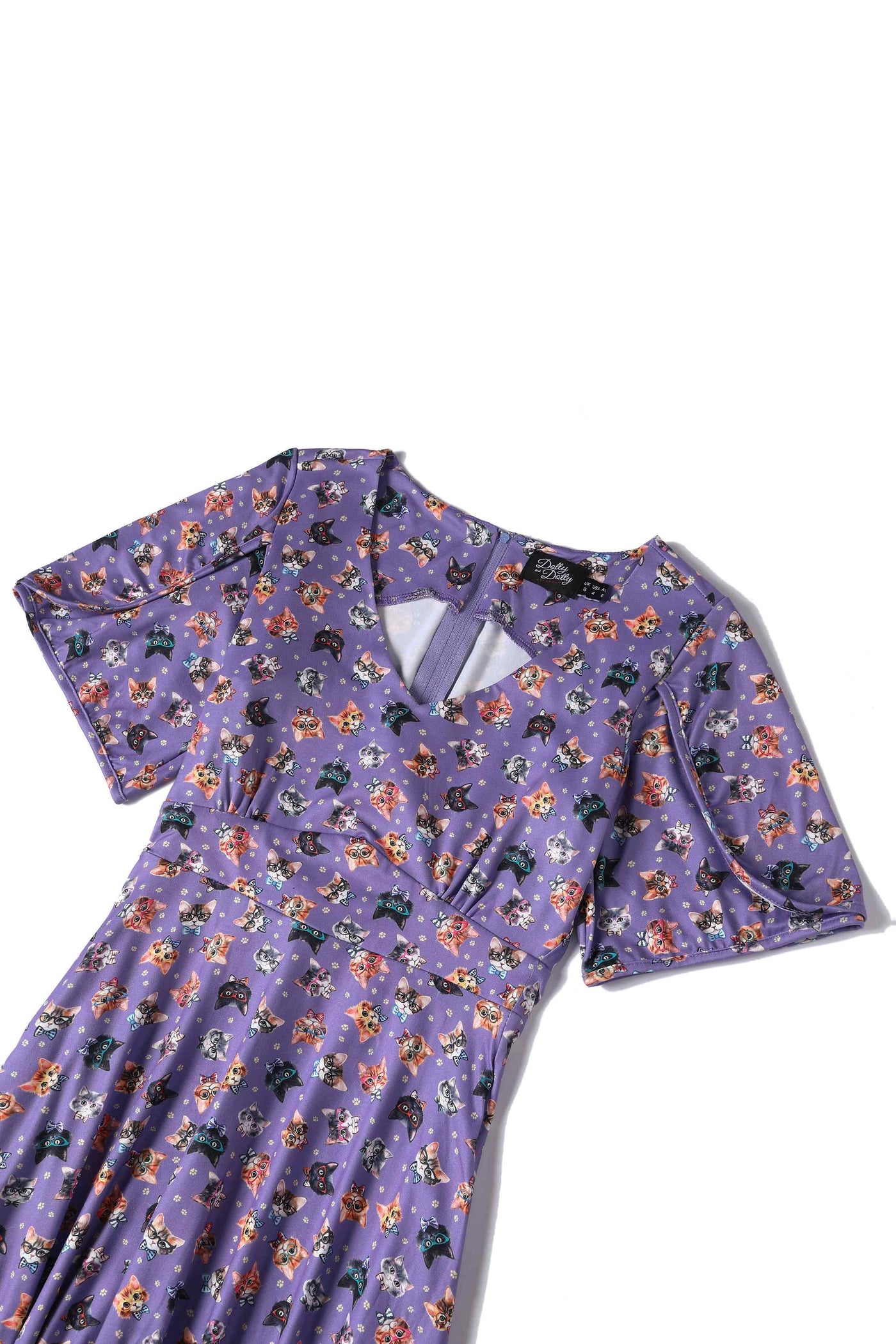 Close up view of Purple Nerdy Cat Tea Dress