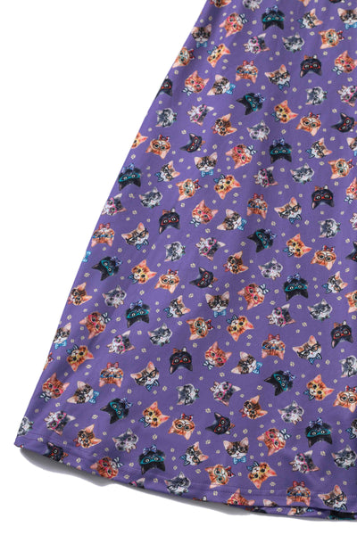 Close up view of Purple Nerdy Cat Tea Dress