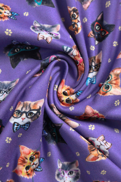 Close up view of Purple Nerdy Cat Tea Dress