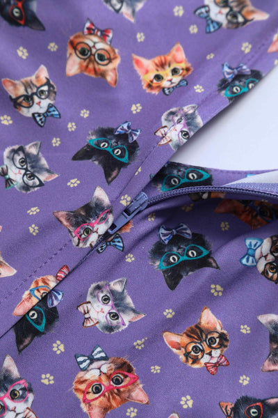 Close up view of Purple Nerdy Cat Tea Dress