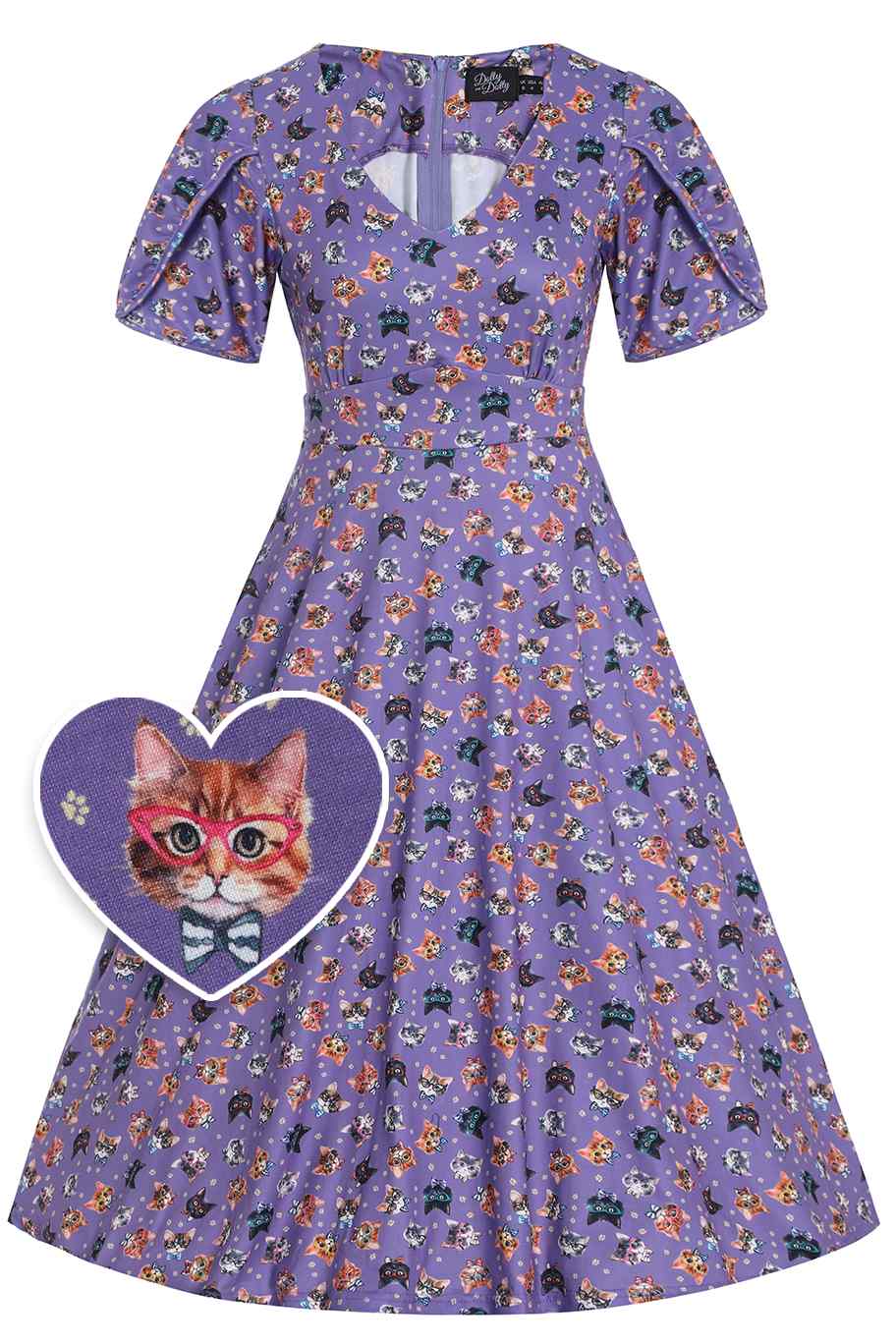 Front view of Purple Nerdy Cat Tea Dress