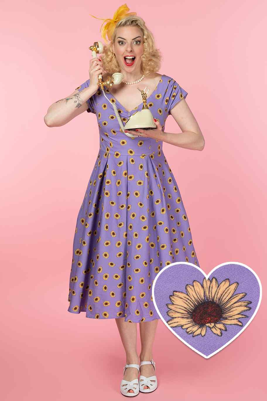 A model wearing a Purple Off Shoulder Dress With Yellow Sunflowers