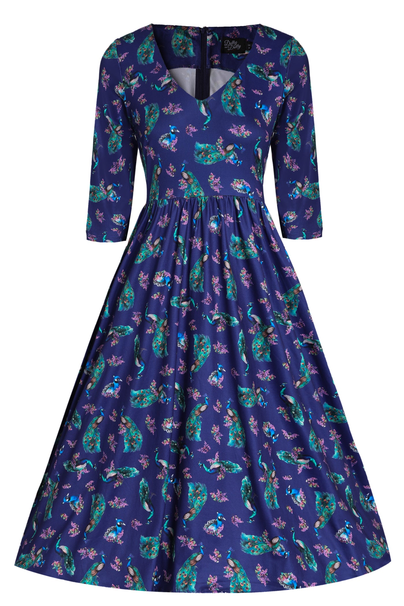 Front view of Purple Dress in Peacock Birds Floral Print