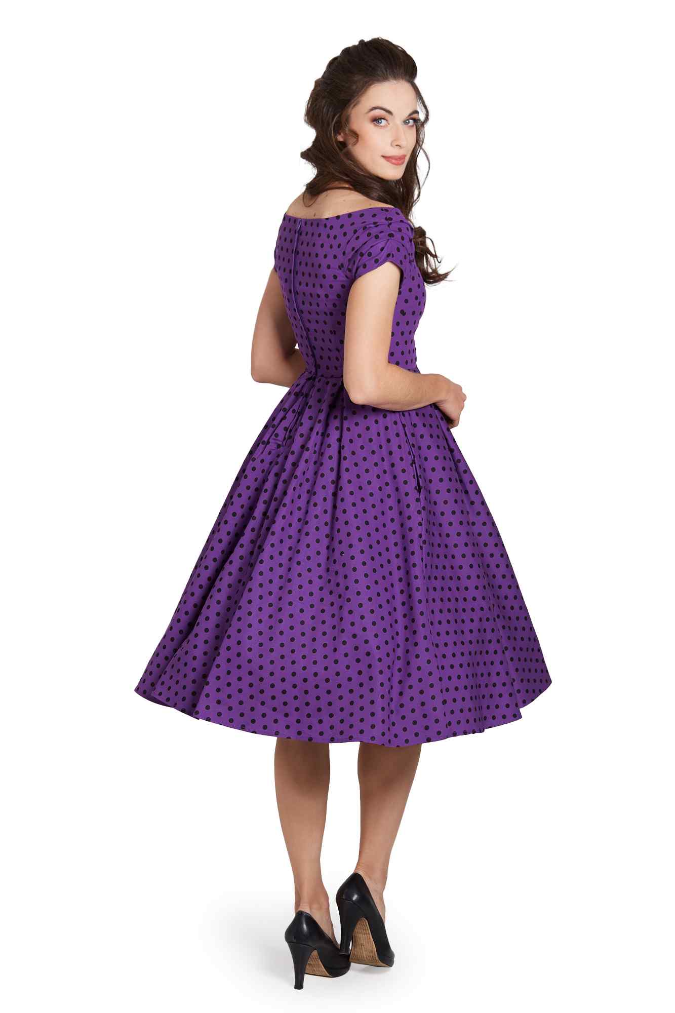 Model wearing Purple Polka Dot Off Shoulder Dress