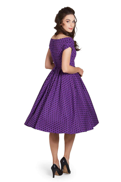 Model wearing Purple Polka Dot Off Shoulder Dress