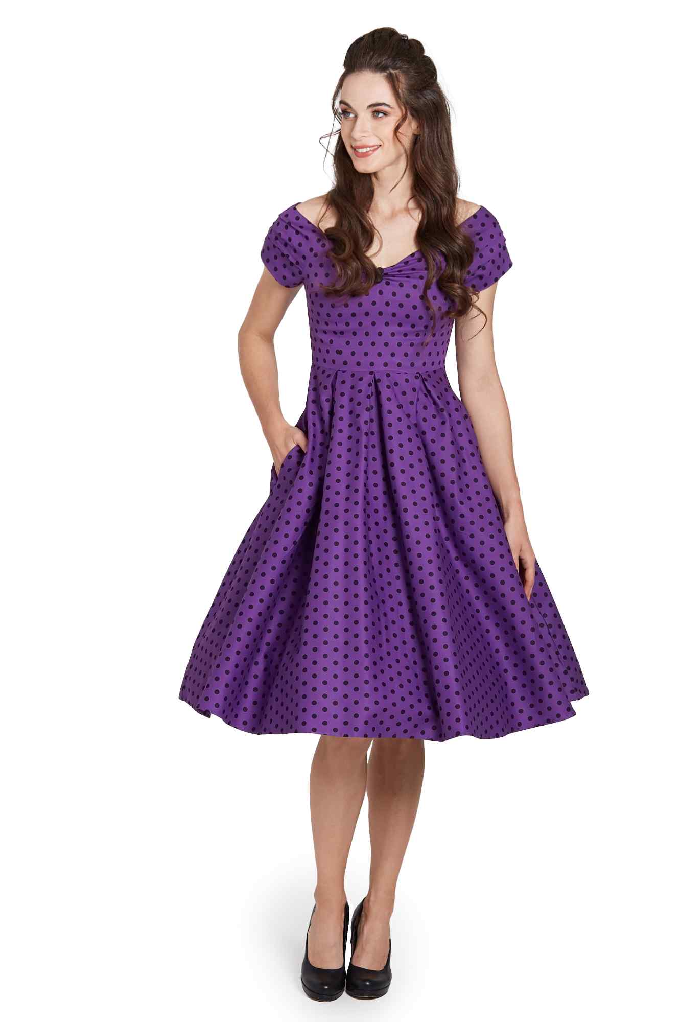 Model wearing Purple Polka Dot Off Shoulder Dress