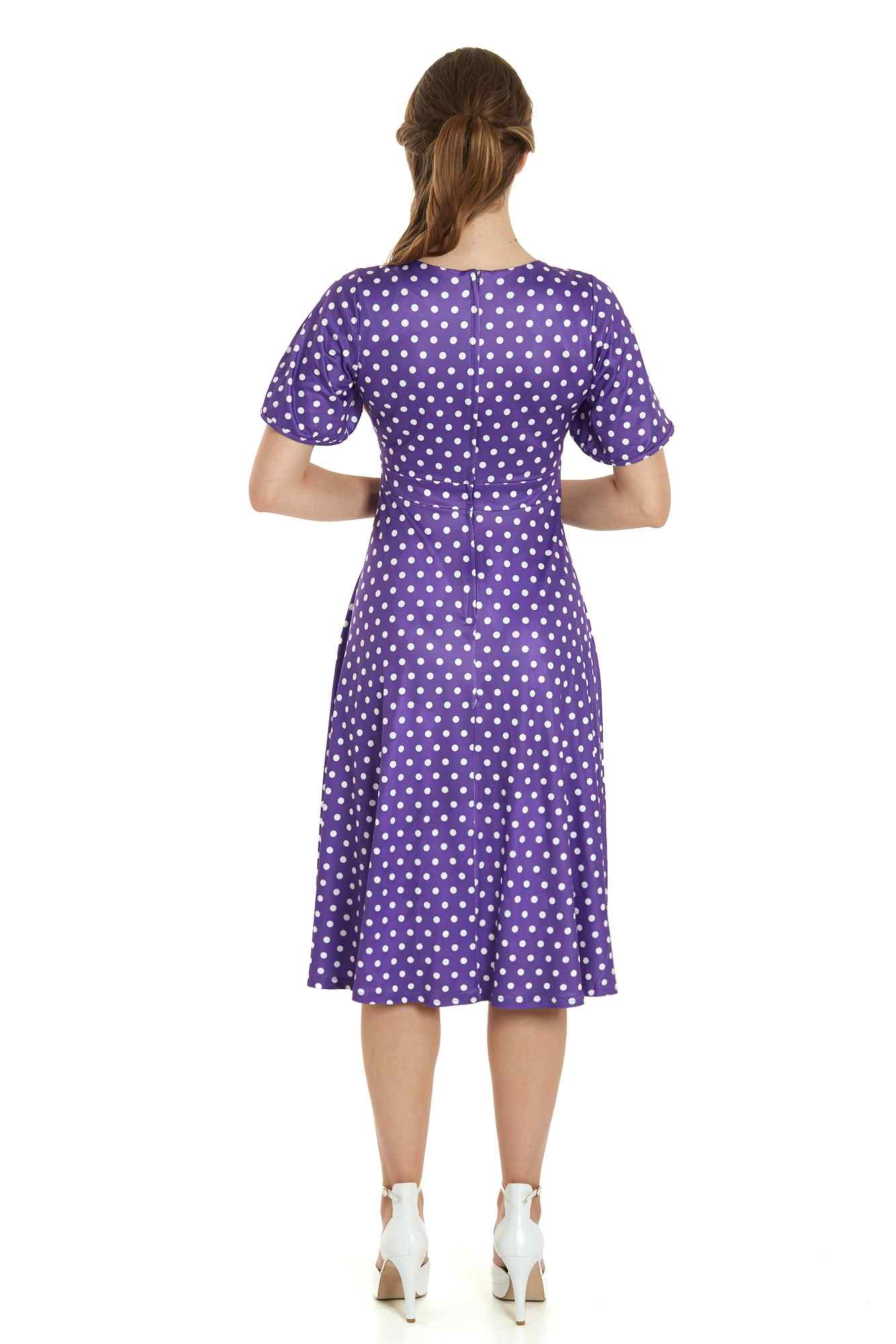 Model wearing Purple Polka Dot Sleeved Flared Tea Dress