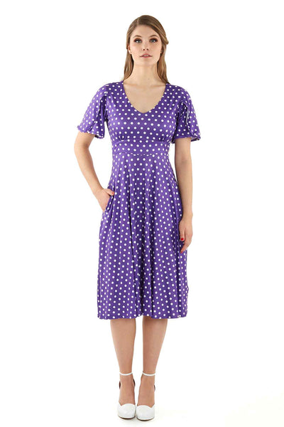 Model wearing Purple Polka Dot Sleeved Flared Tea Dress