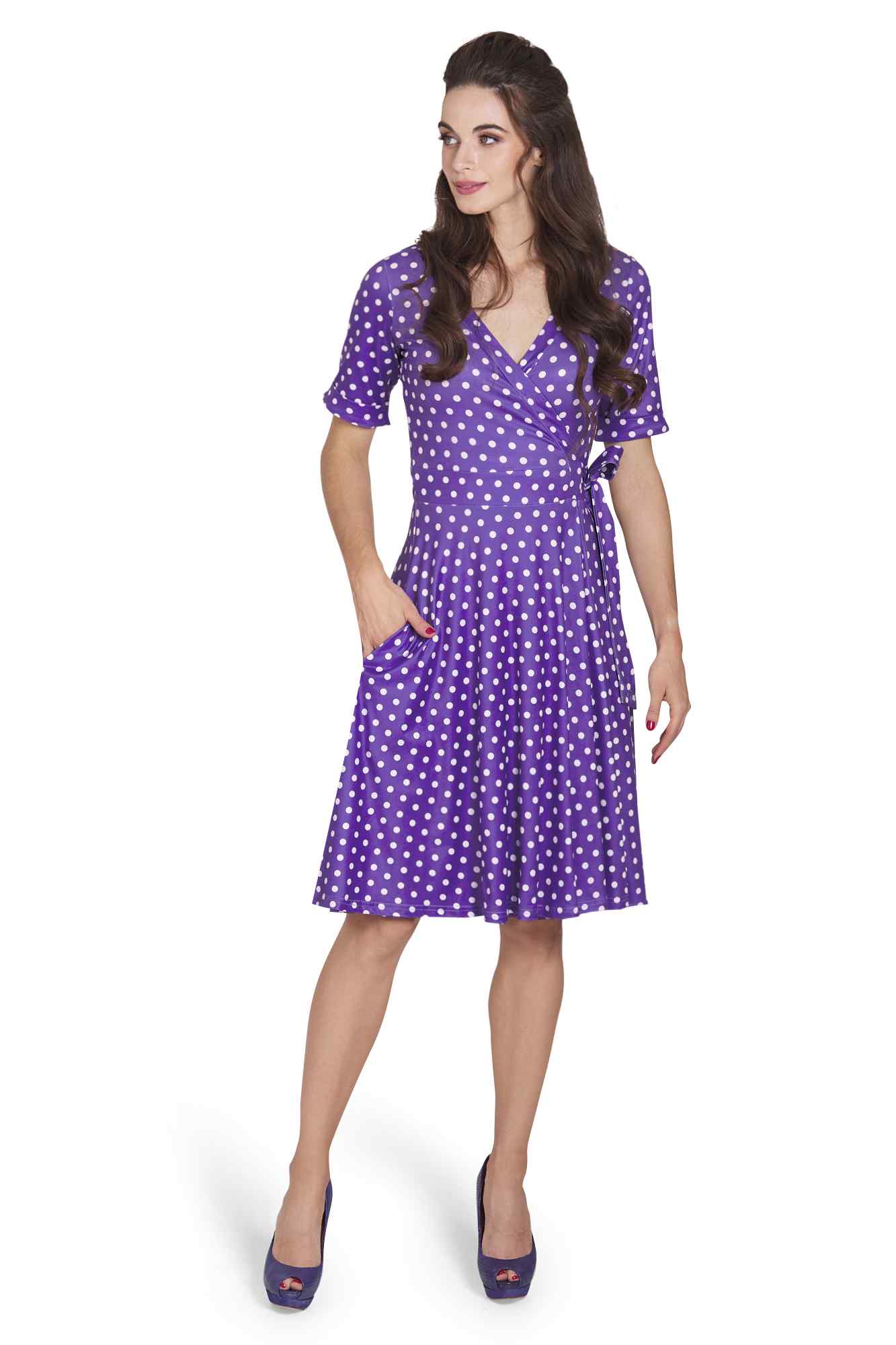 Model photo Purple Polka Dot Wrap Dress