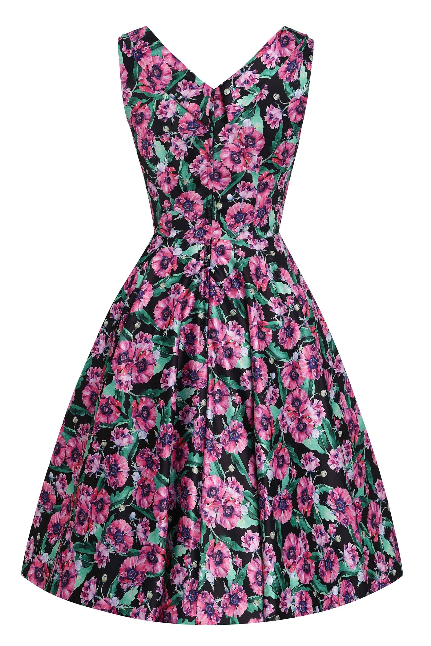 Back view of Purple Poppy Flowers Print Pleated Bust Dress