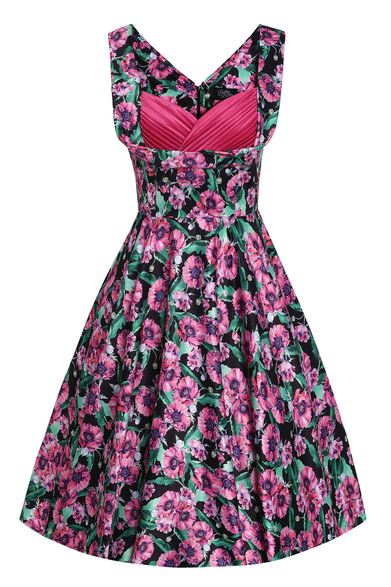 Front view of Purple Poppy Flowers Print Pleated Bust Dress