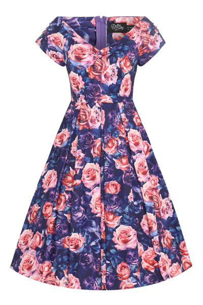 Front view of Purple Rose Garden Off Shoulder Dress