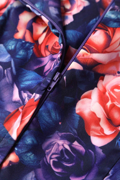 Close up view of Purple Rose Garden Off Shoulder Dress