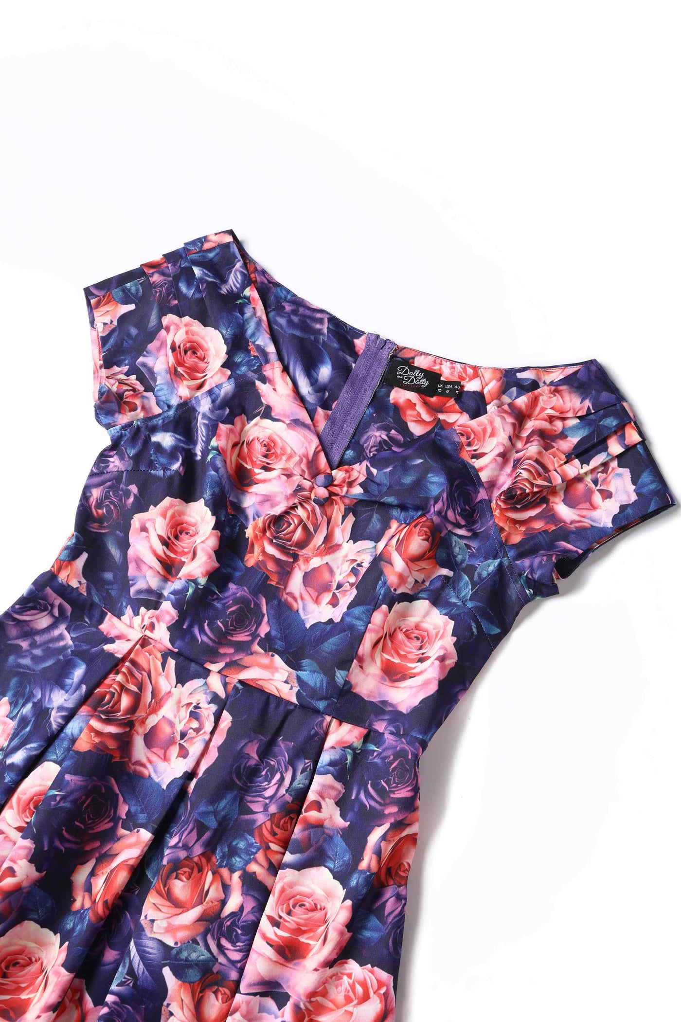 Close up view of Purple Rose Garden Off Shoulder Dress