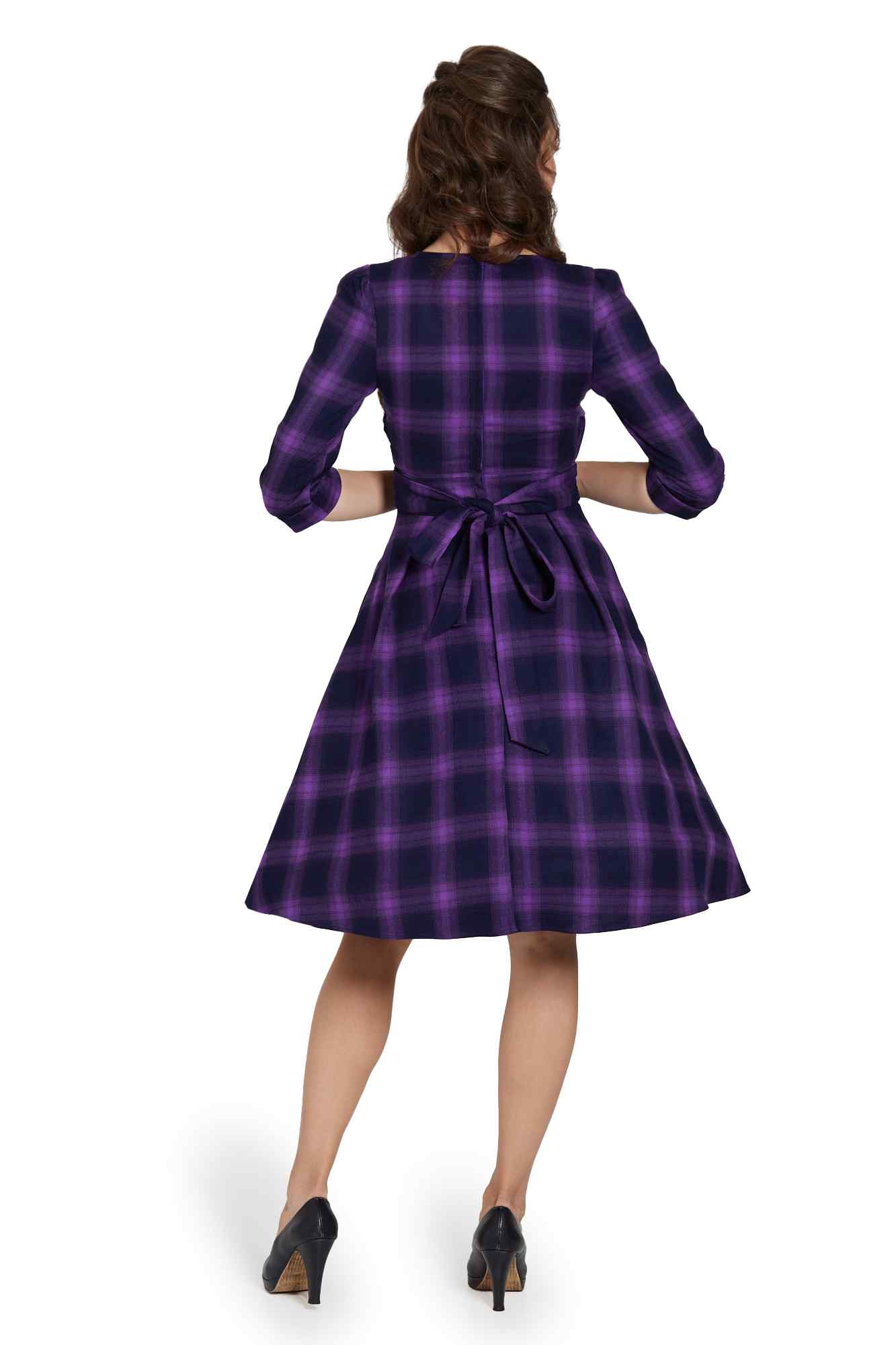 Model wearing Purple Tartan Swing Dress