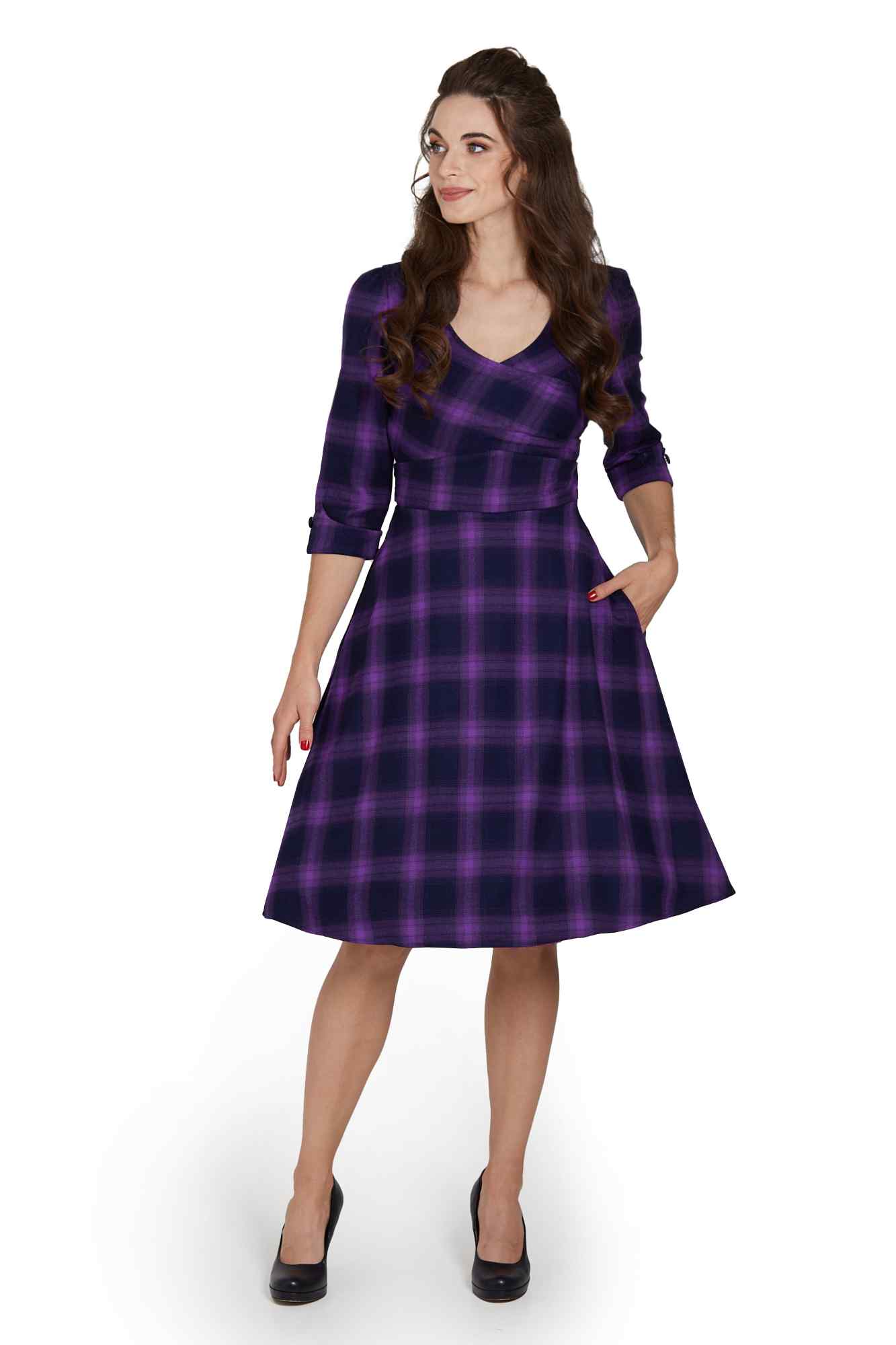 Model wearing Purple Tartan Swing Dress