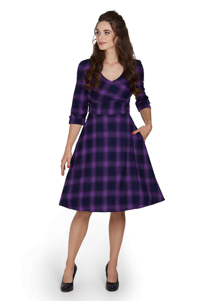 Model wearing Purple Tartan Swing Dress