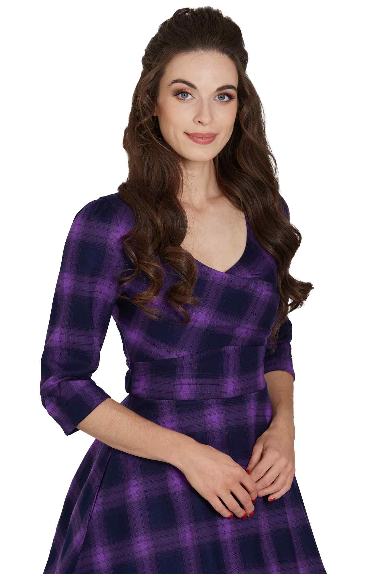 Model wearing Purple Tartan Swing Dress