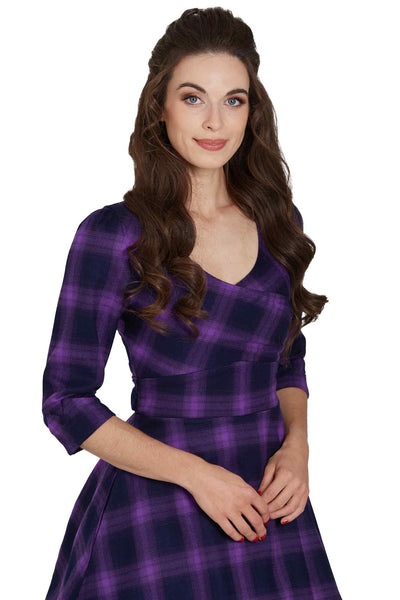 Model wearing Purple Tartan Swing Dress